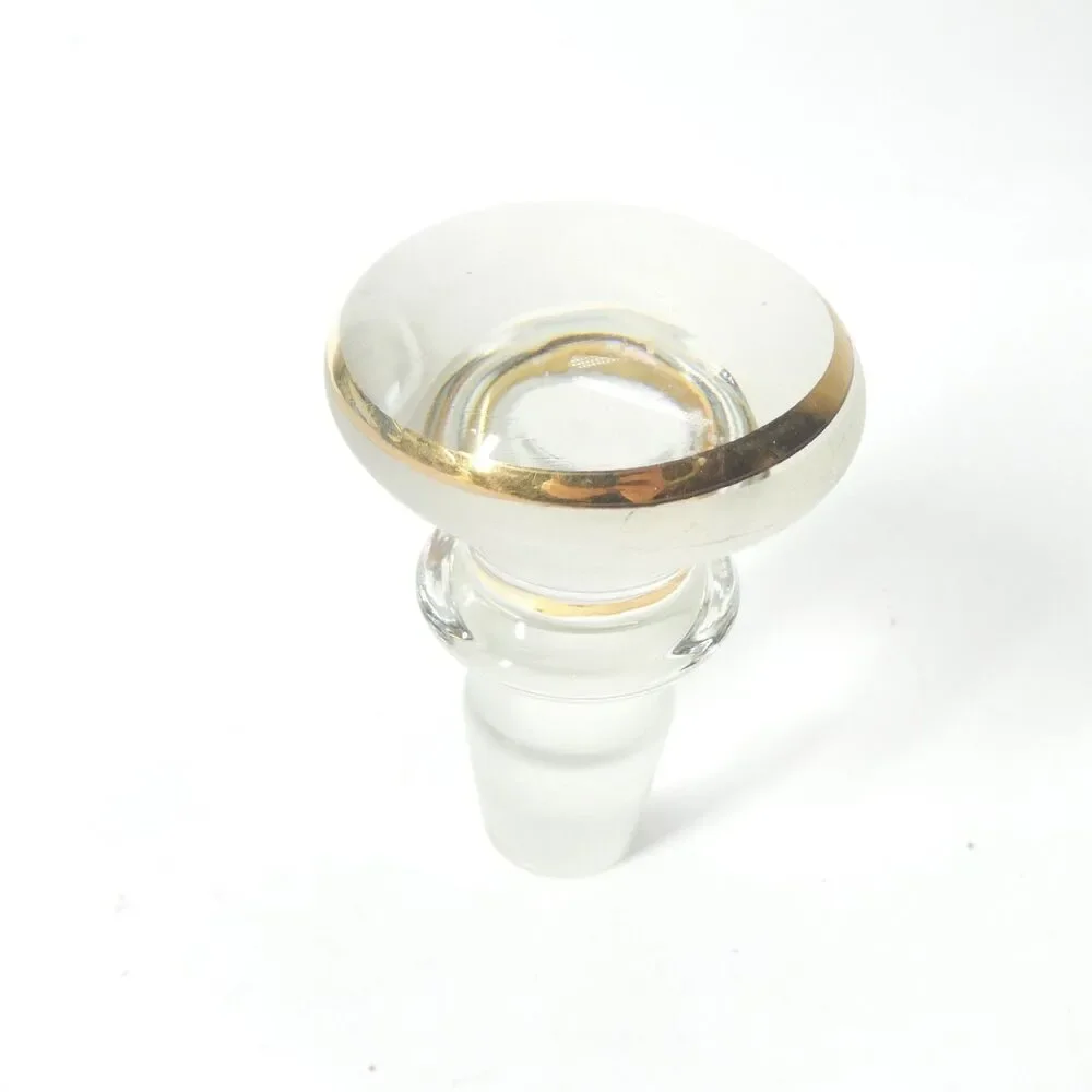 Vintage Glass Mushroom Knob Stopper Clear w/ Gold Band Bottle Decanter